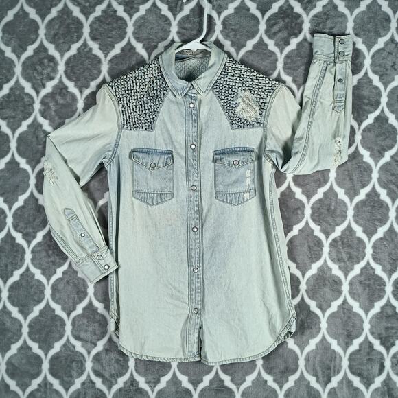 AllSaints Raine Denim Shirt Womens 0 Blue Hand Embellished Distressed Beaded - Picture 1 of 14